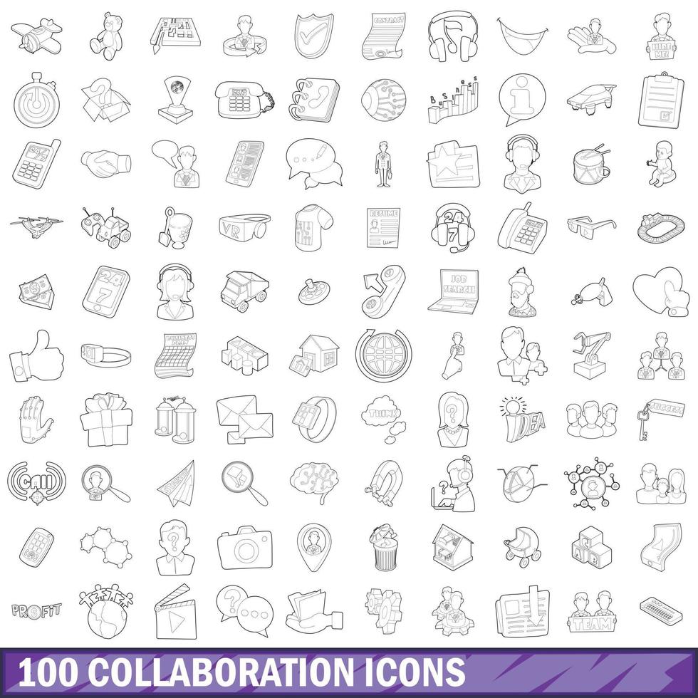 100 collaboration icons set, outline style vector