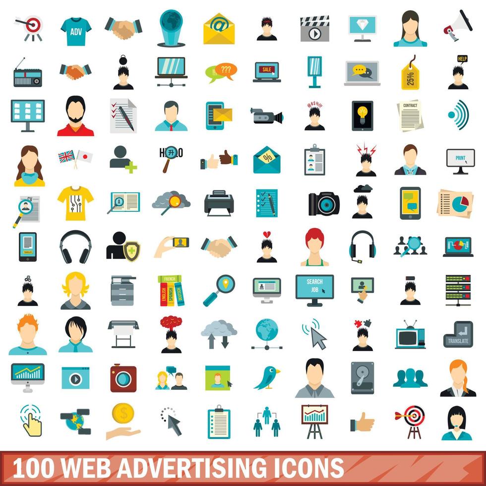 100 web advertising icons set, flat style vector