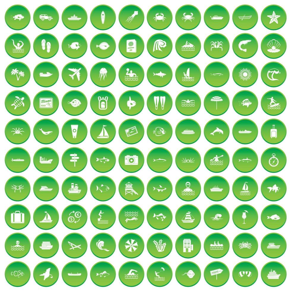 100 iconos del océano establecer círculo verde vector