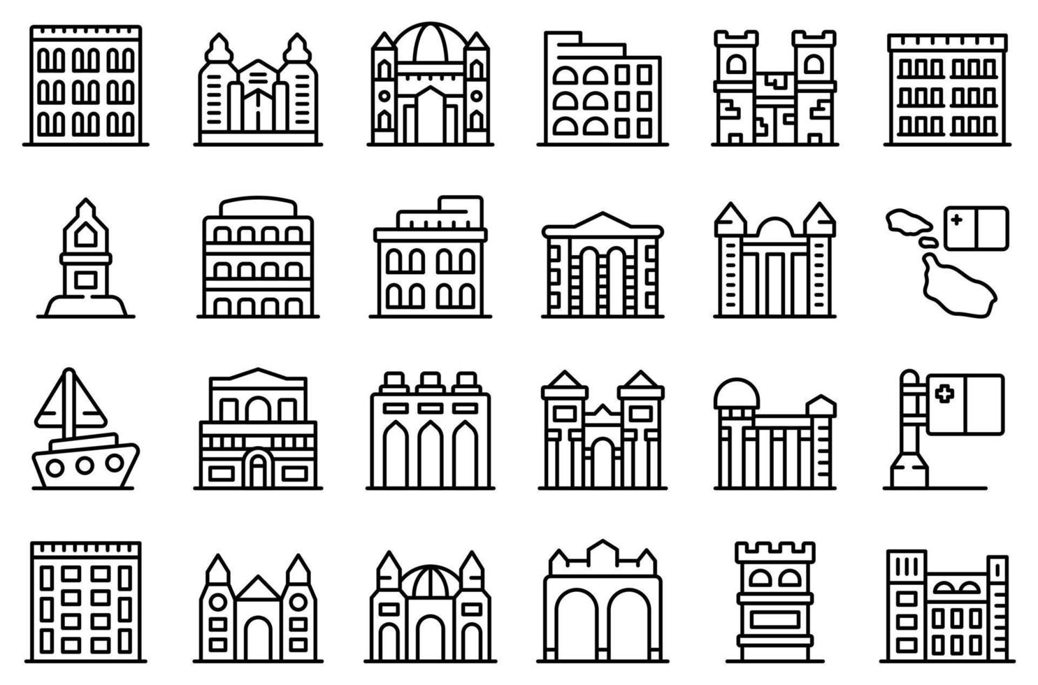 los iconos de malta establecen el vector de contorno. edificio de arquitectura