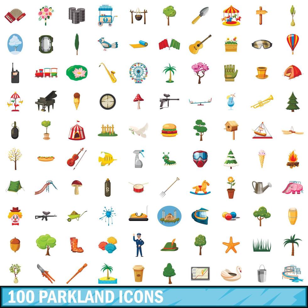 100 iconos de zonas verdes, estilo de dibujos animados vector