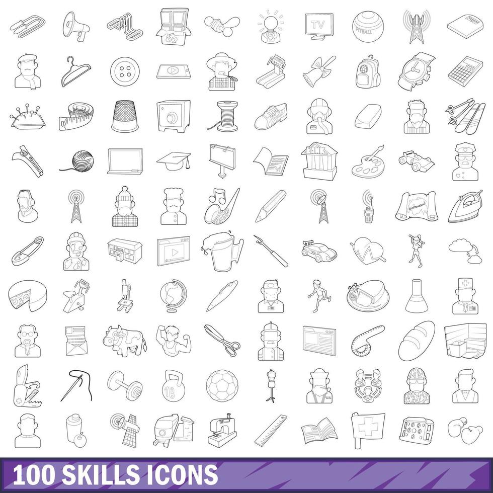 100 skills icons set, outline style vector
