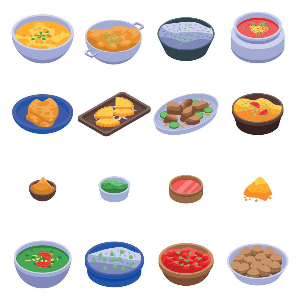 Indian cuisine icons set, isometric style vector