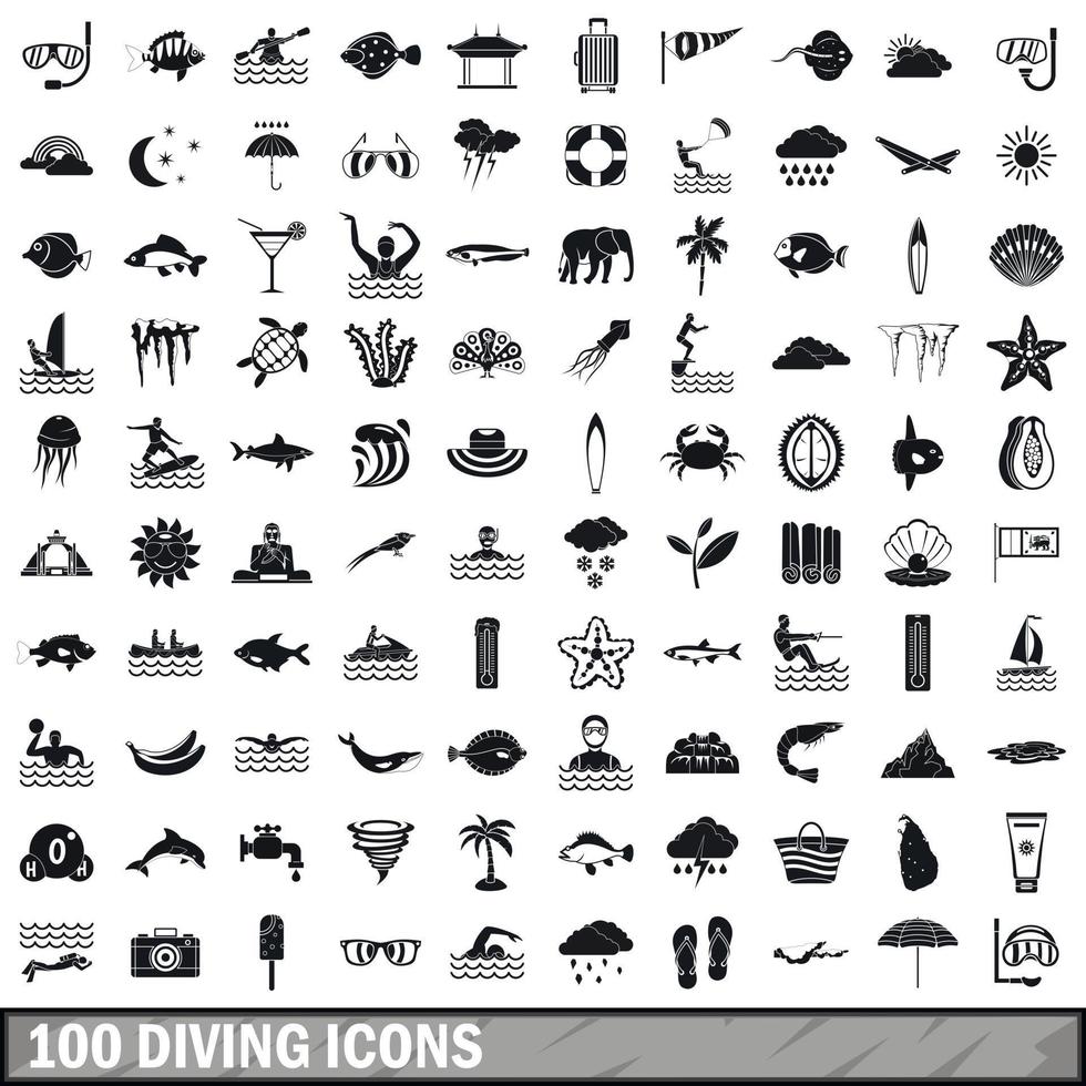 100 diving icons set, simple style vector