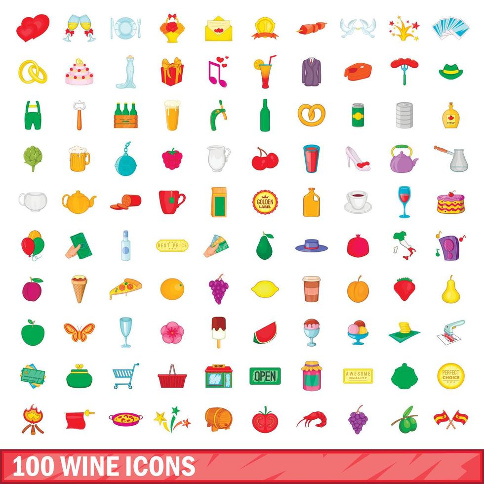 100 vino, conjunto de iconos de estilo de dibujos animados vector