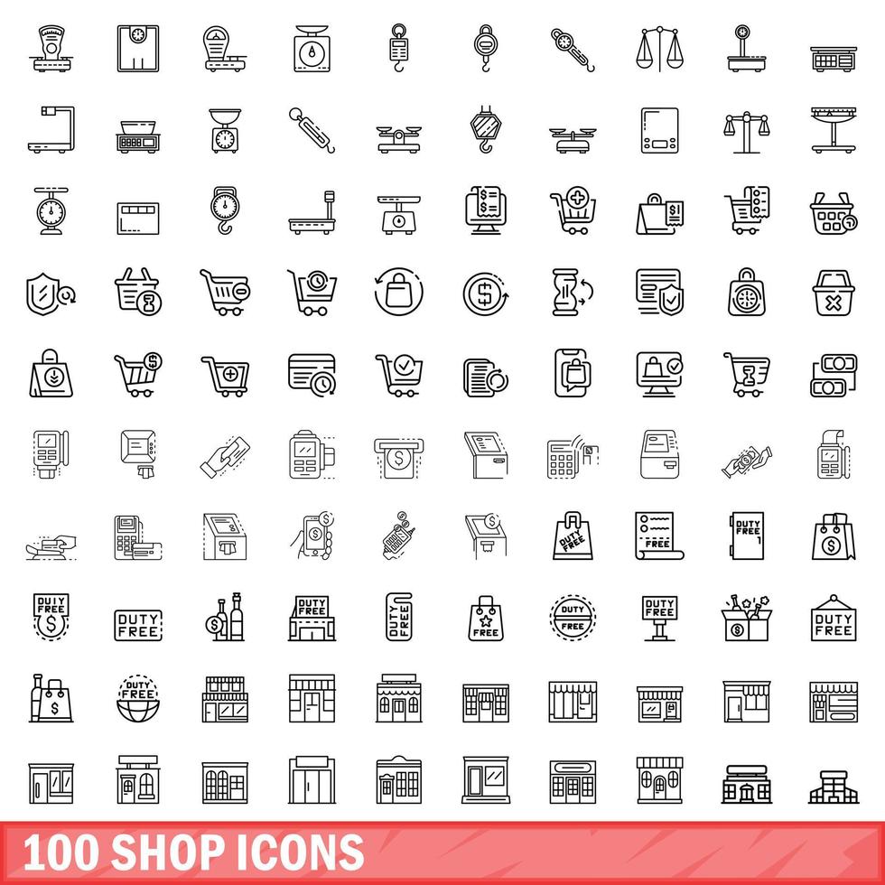 100 conjunto de iconos de tienda, estilo de contorno vector