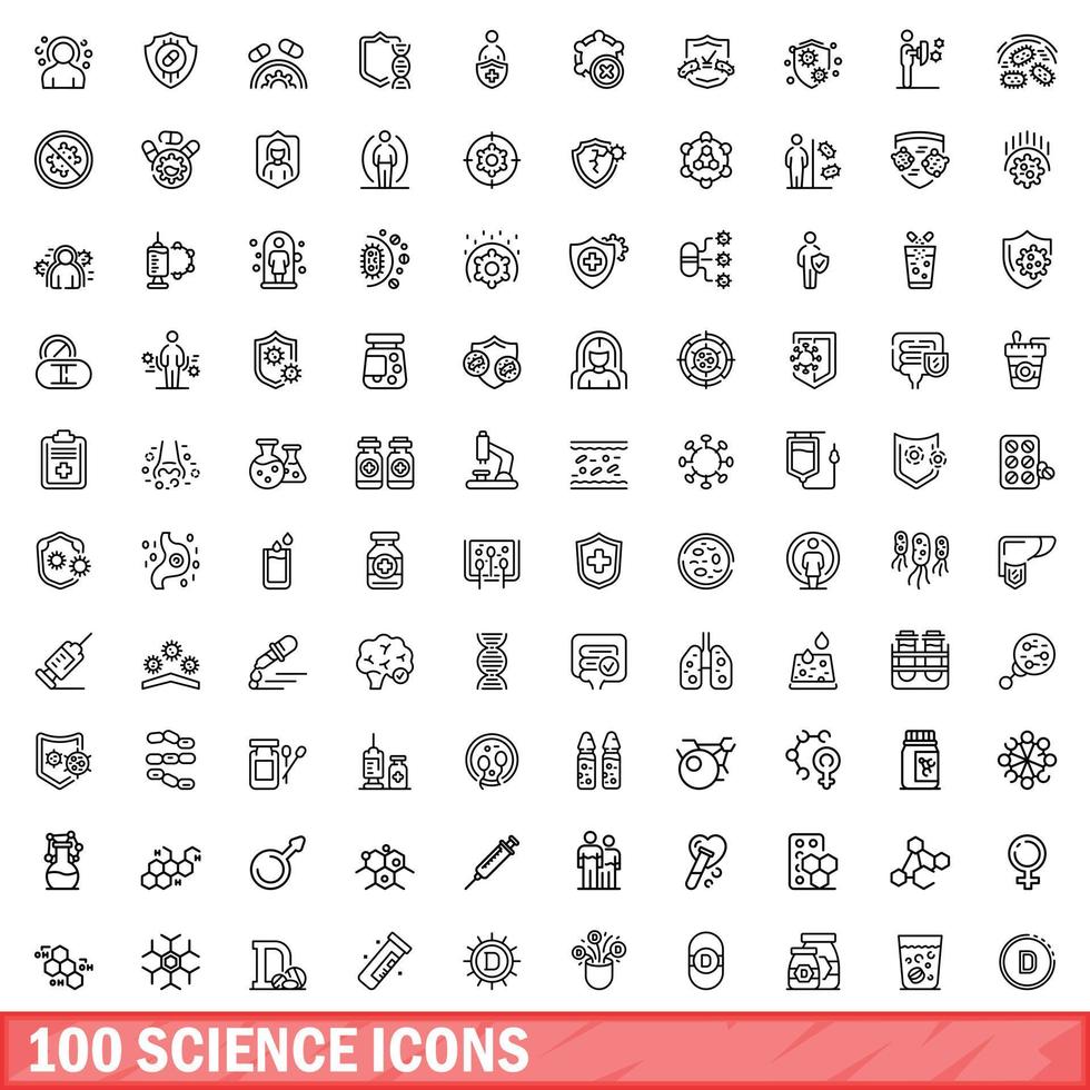 100 science icons set, outline style vector