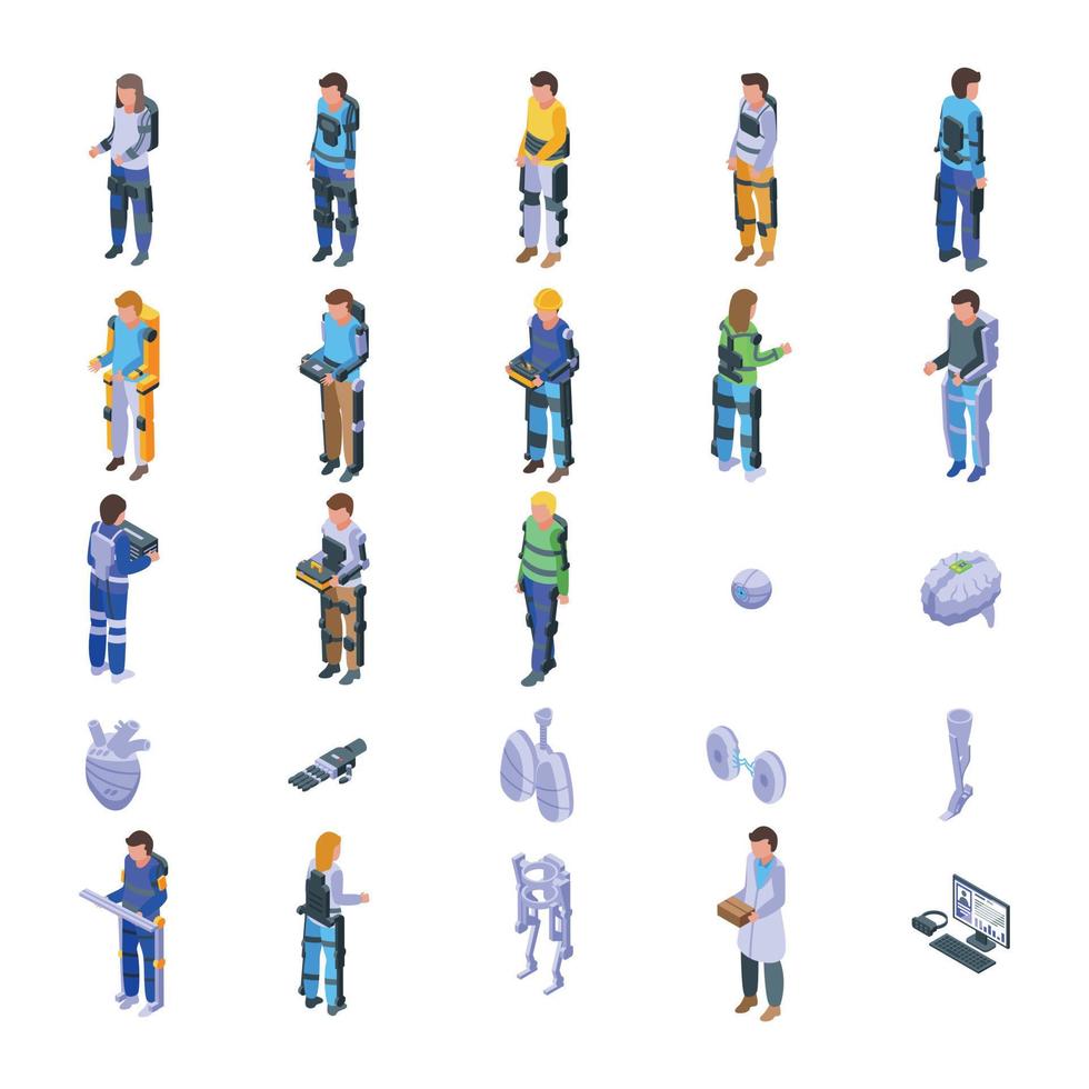 Exoskeleton icons set isometric vector. Artificial body vector