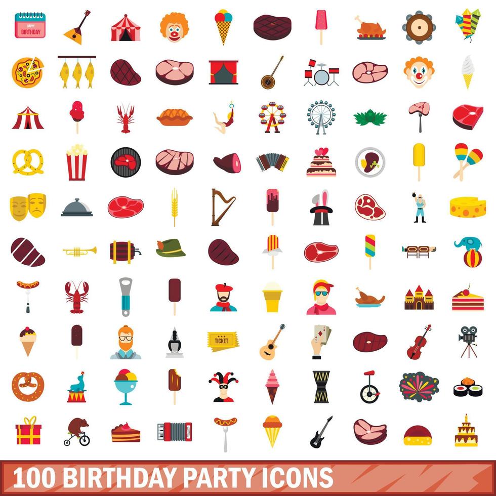 100 birthday party icons set, flat style vector