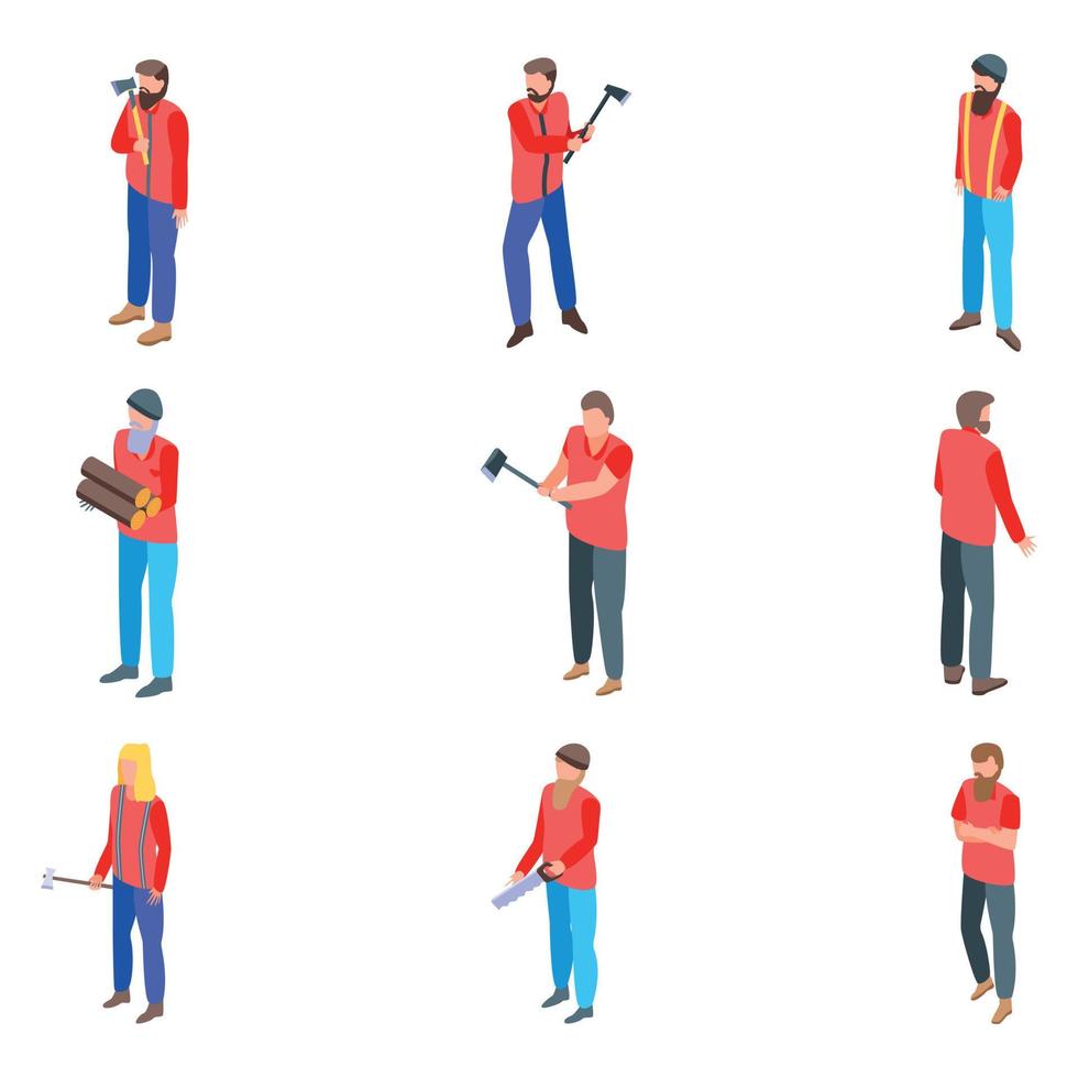 Lumberjack icons set, isometric style vector