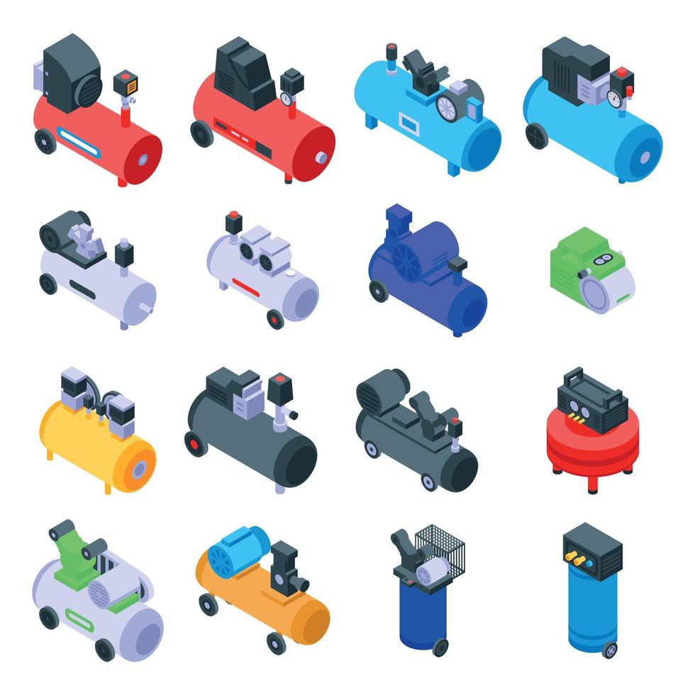 Air compressor icons set, isometric style vector