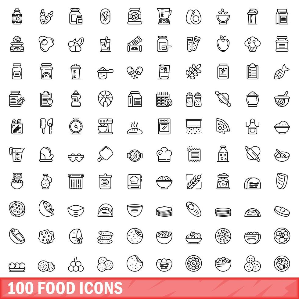 100 food icons set, outline style vector