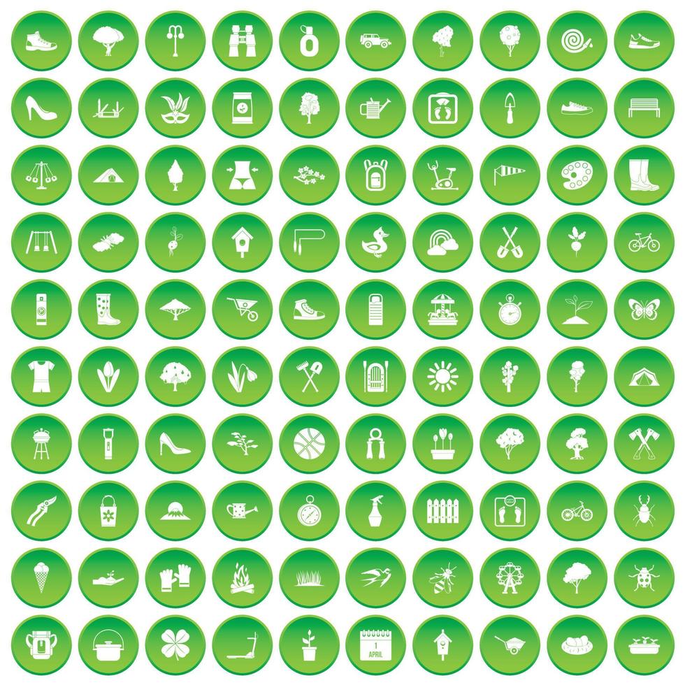 100 spring icons set green circle vector