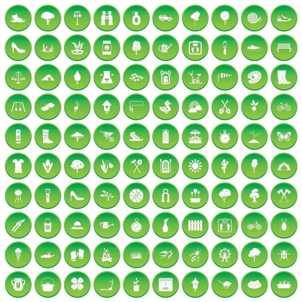 100 iconos de primavera establecer círculo verde vector