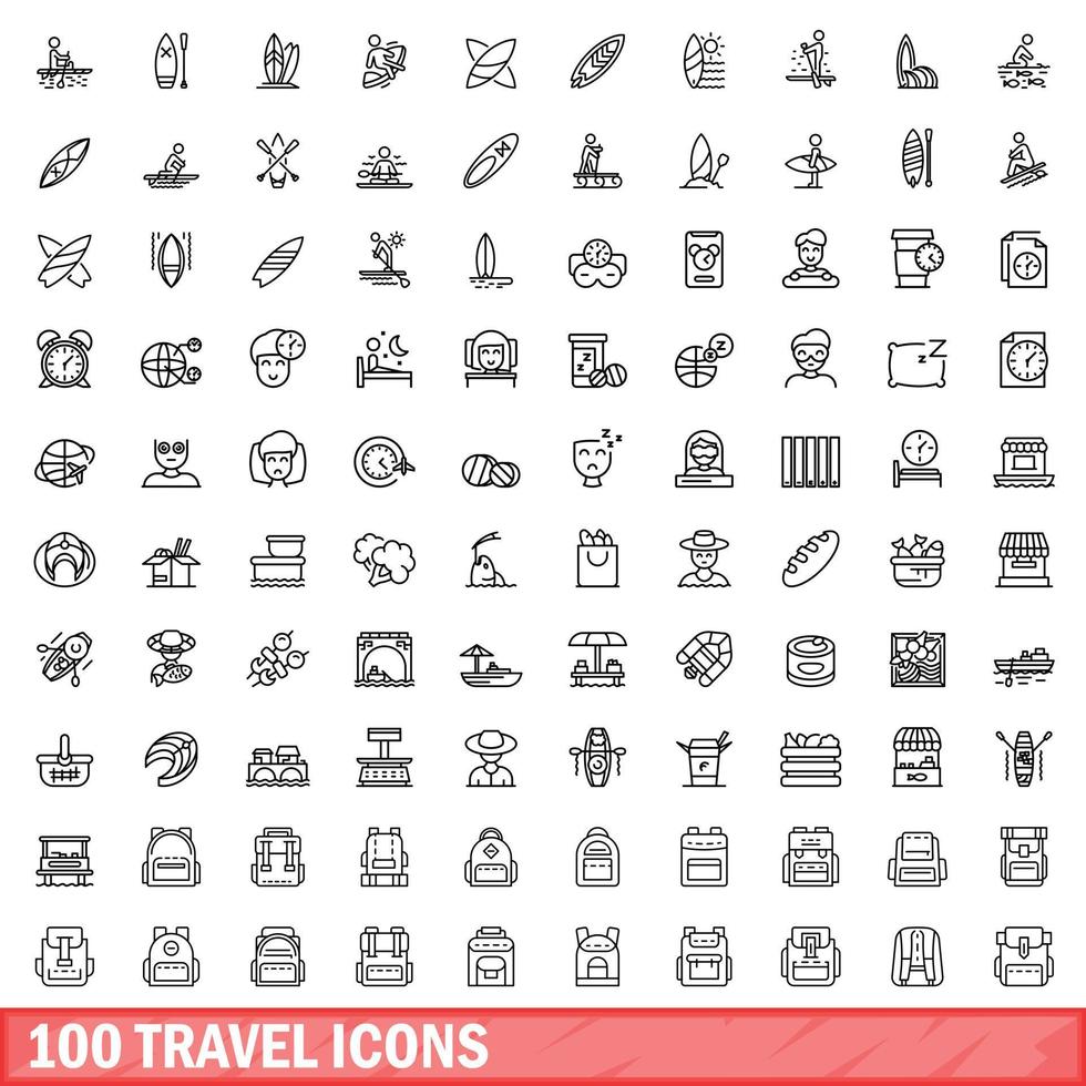 100 iconos de viaje, estilo de esquema vector