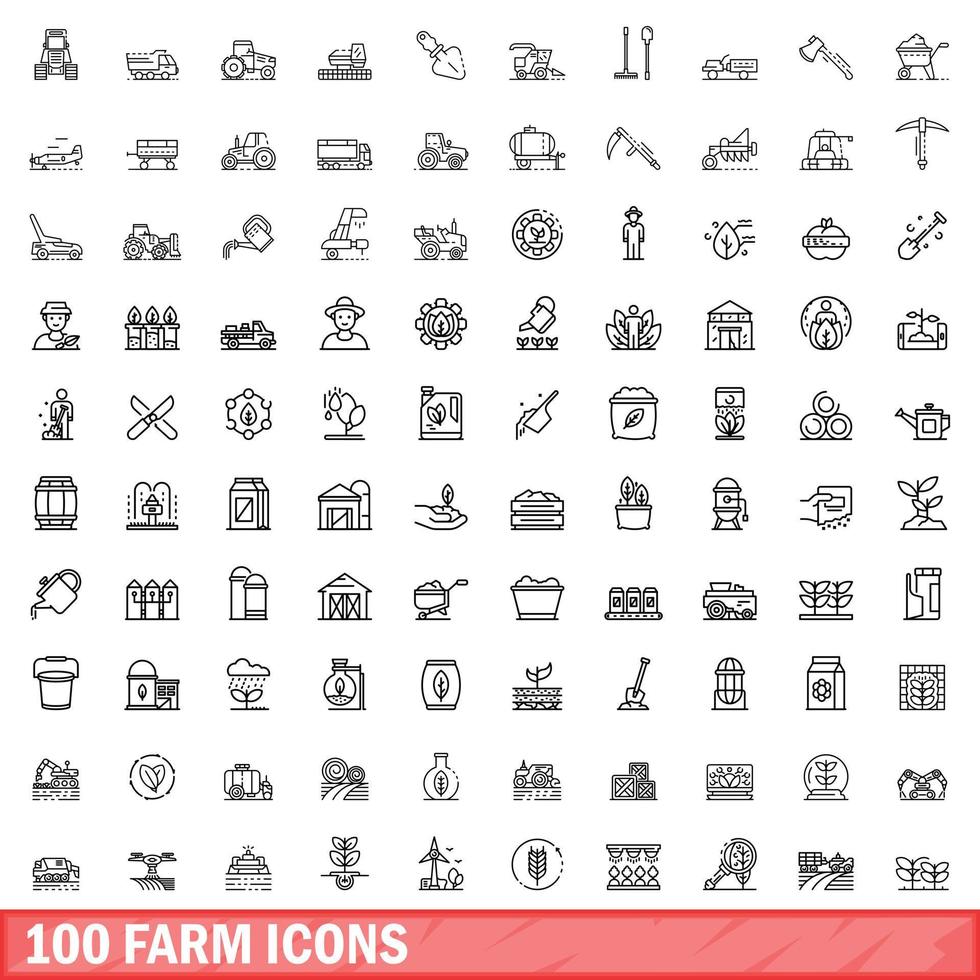 100 farm icons set, outline style vector