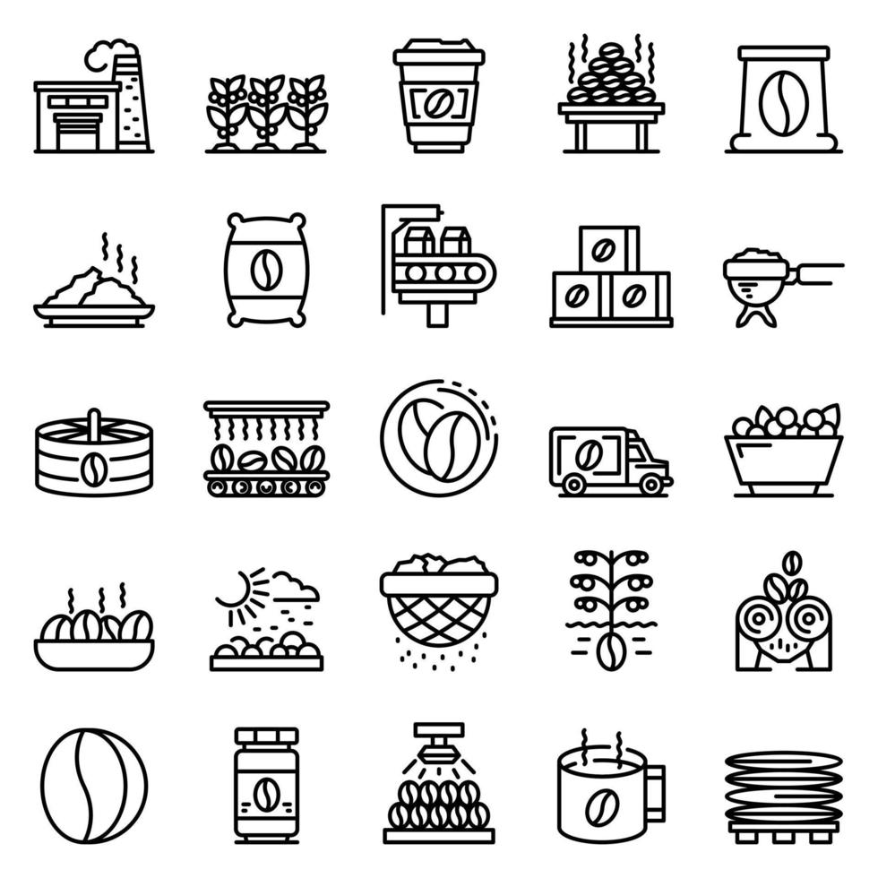 Coffee production icons set, outline style vector