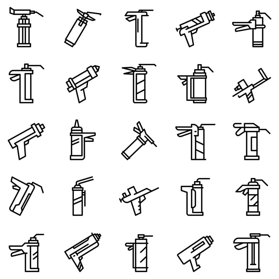 Silicone caulk gun icons set, outline style vector