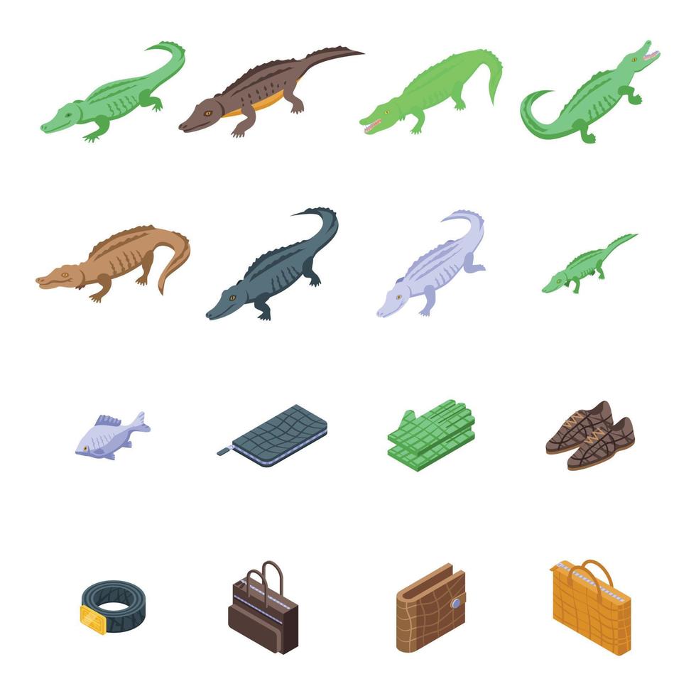 Crocodile icons set, isometric style vector