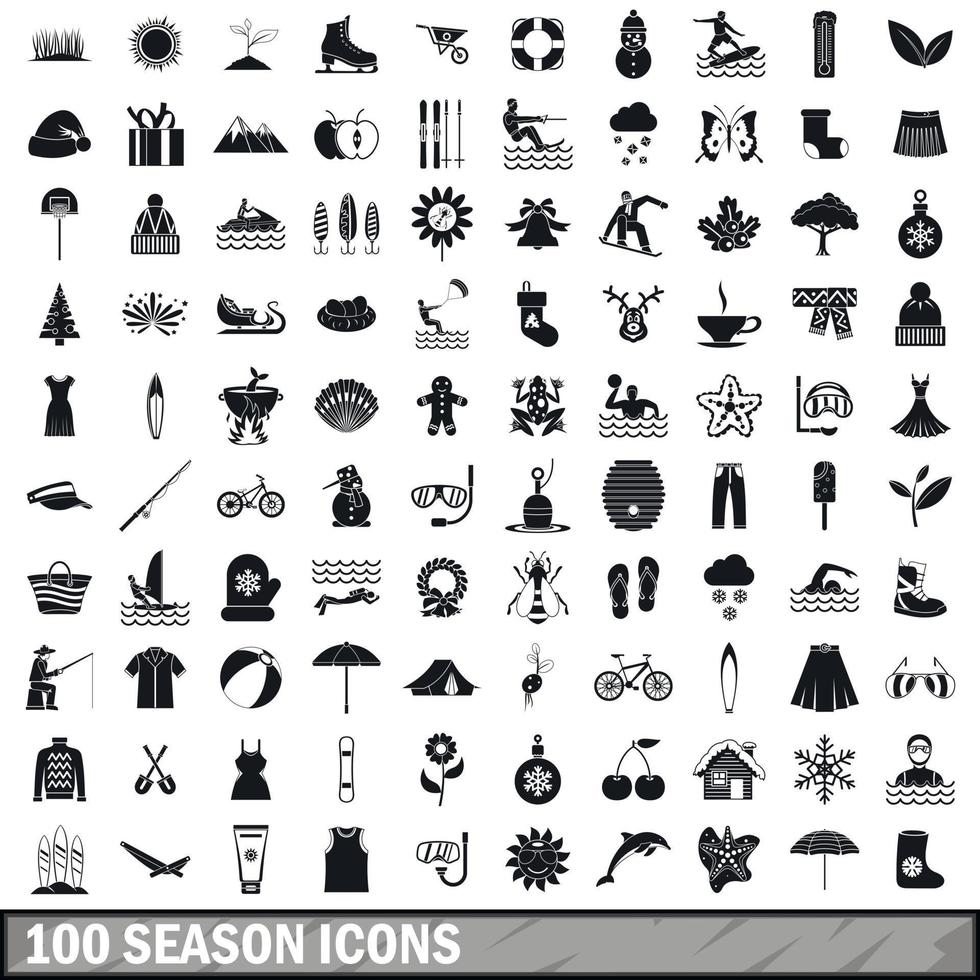 100 season icons set, simple style vector