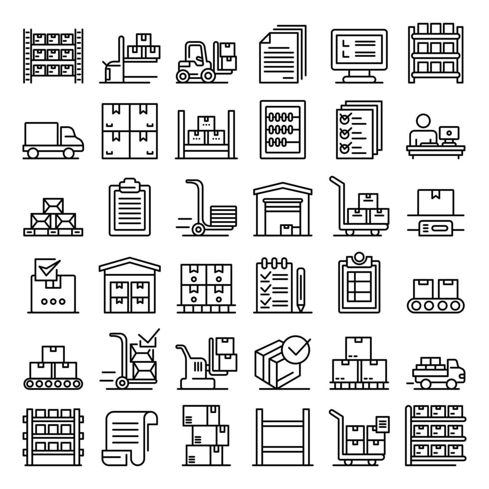conjunto de iconos de inventario, estilo de esquema vector