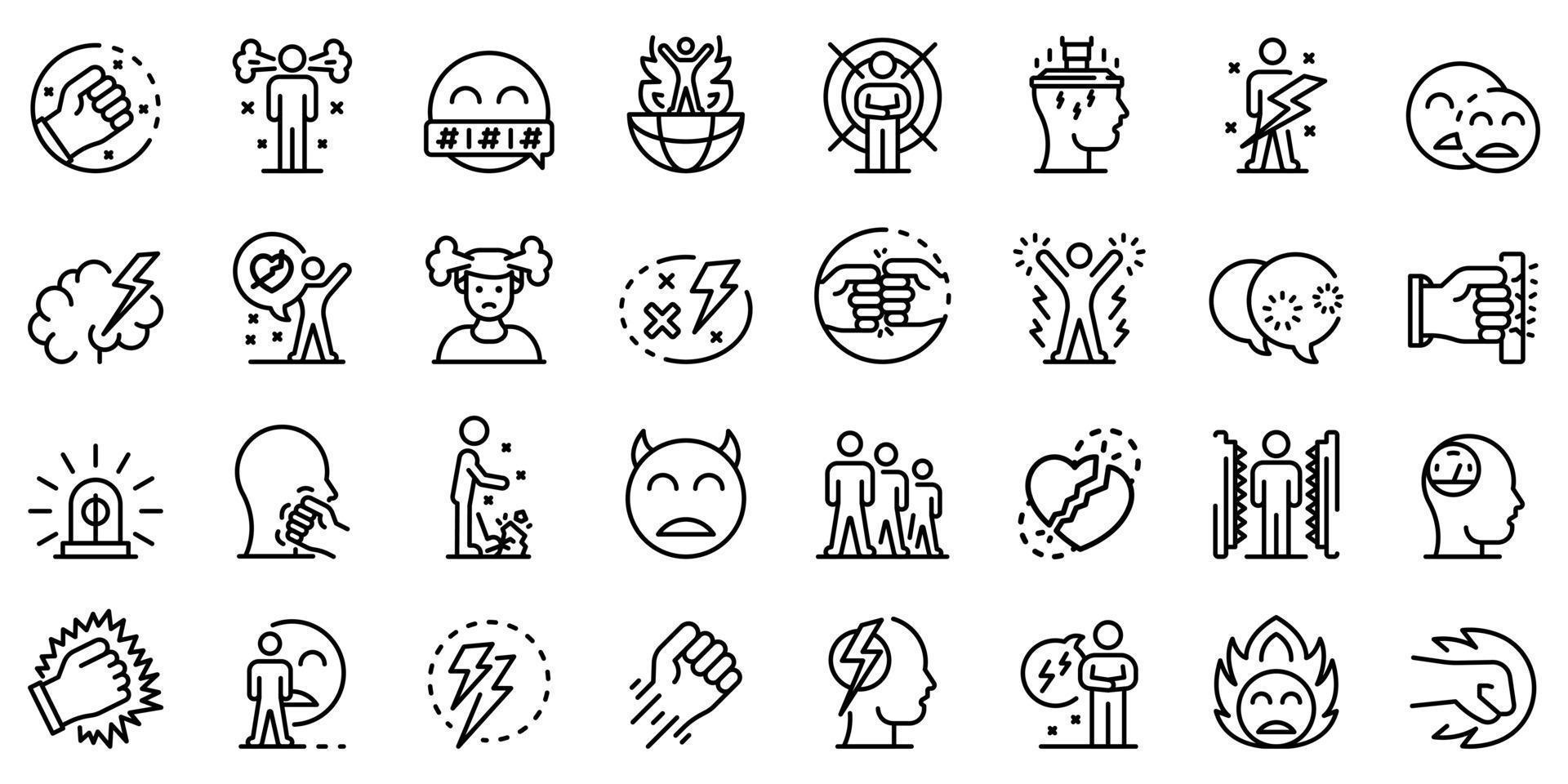 Rage icons set, outline style vector