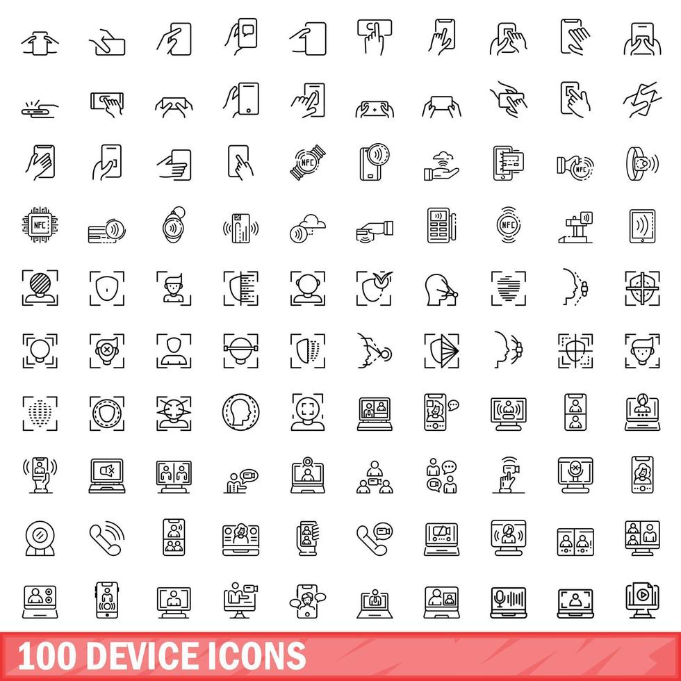 100 device icons set, outline style vector