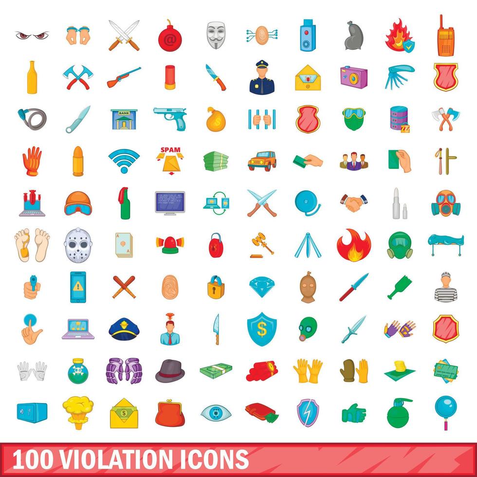 100 violation icons set, cartoon style vector