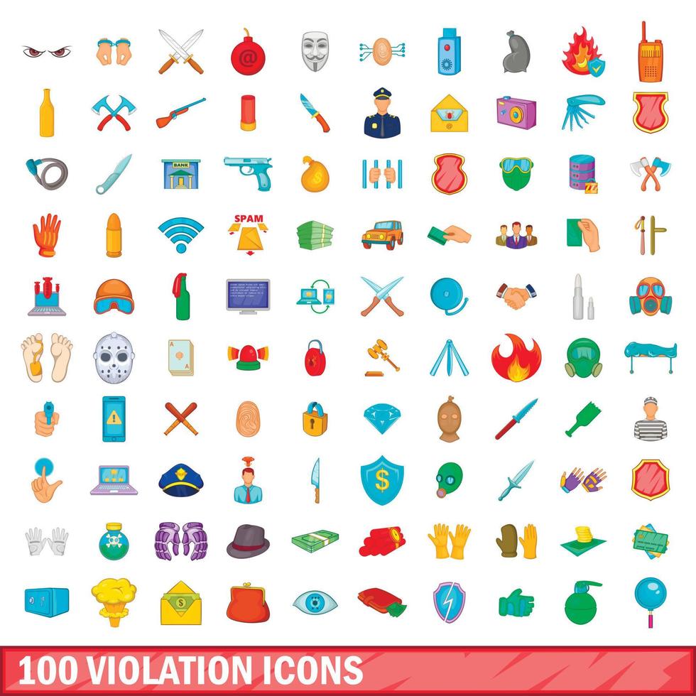 100 violación, conjunto de iconos de estilo de dibujos animados vector