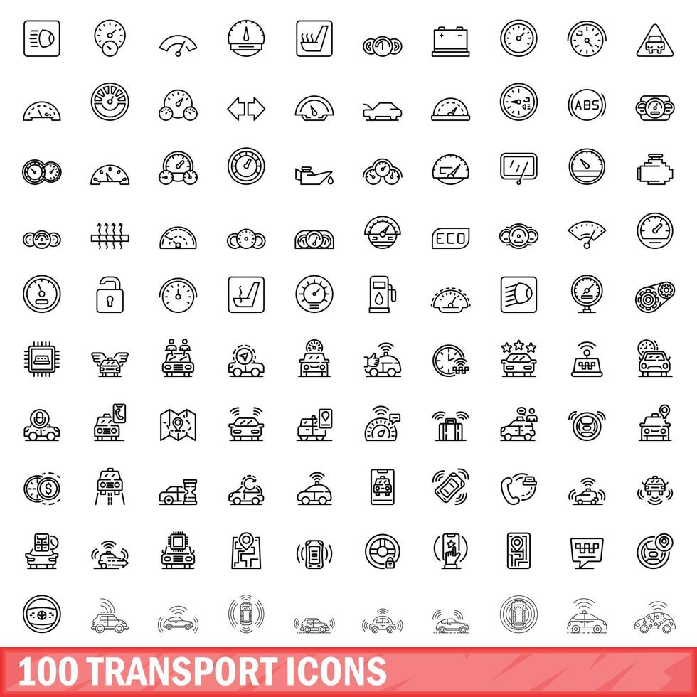 100 transport icons set, outline style vector