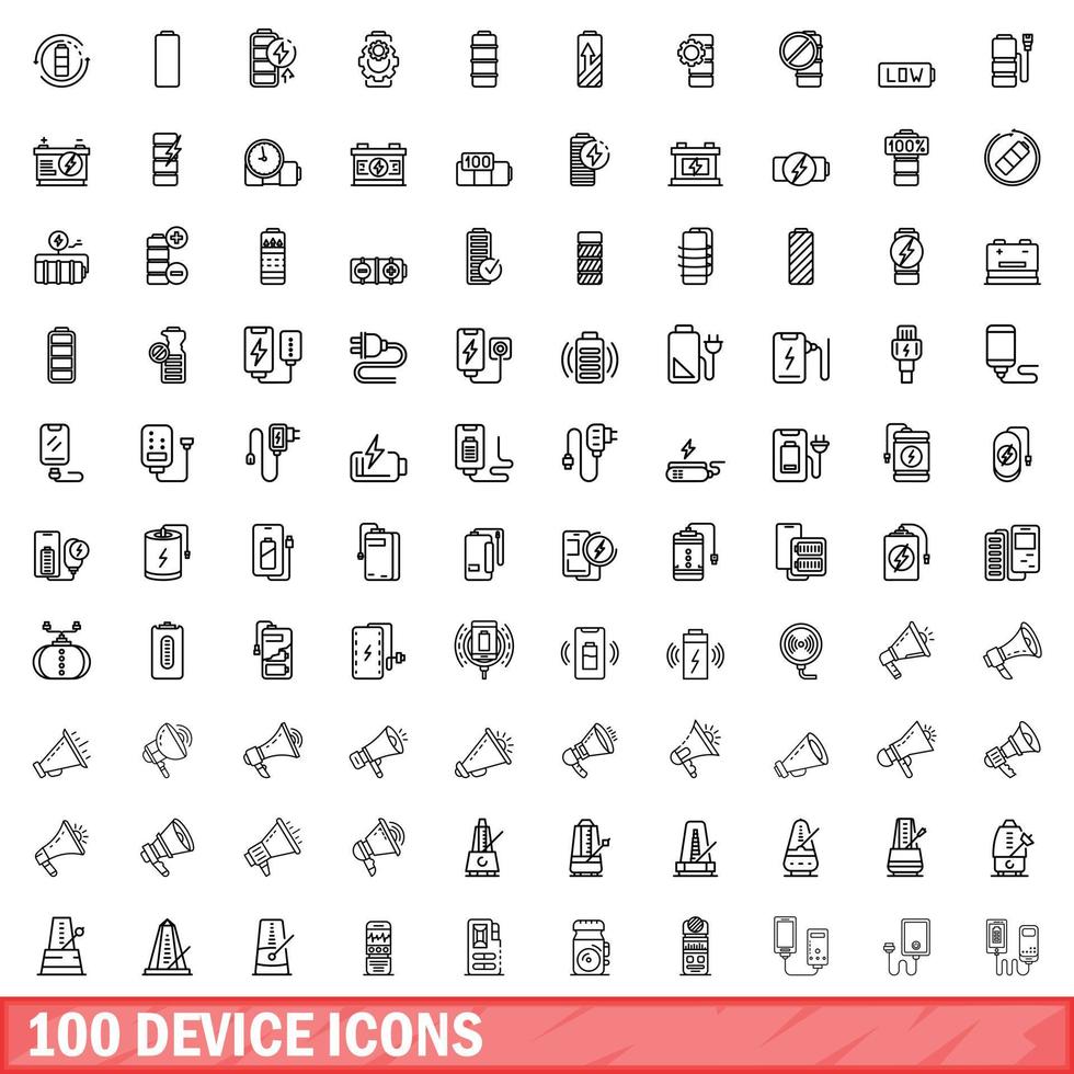 100 device icons set, outline style vector