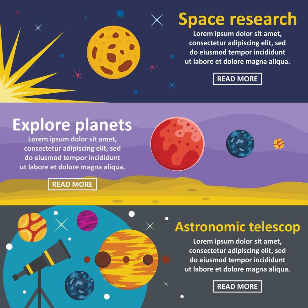 Planets research banner horizontal set, flat style vector