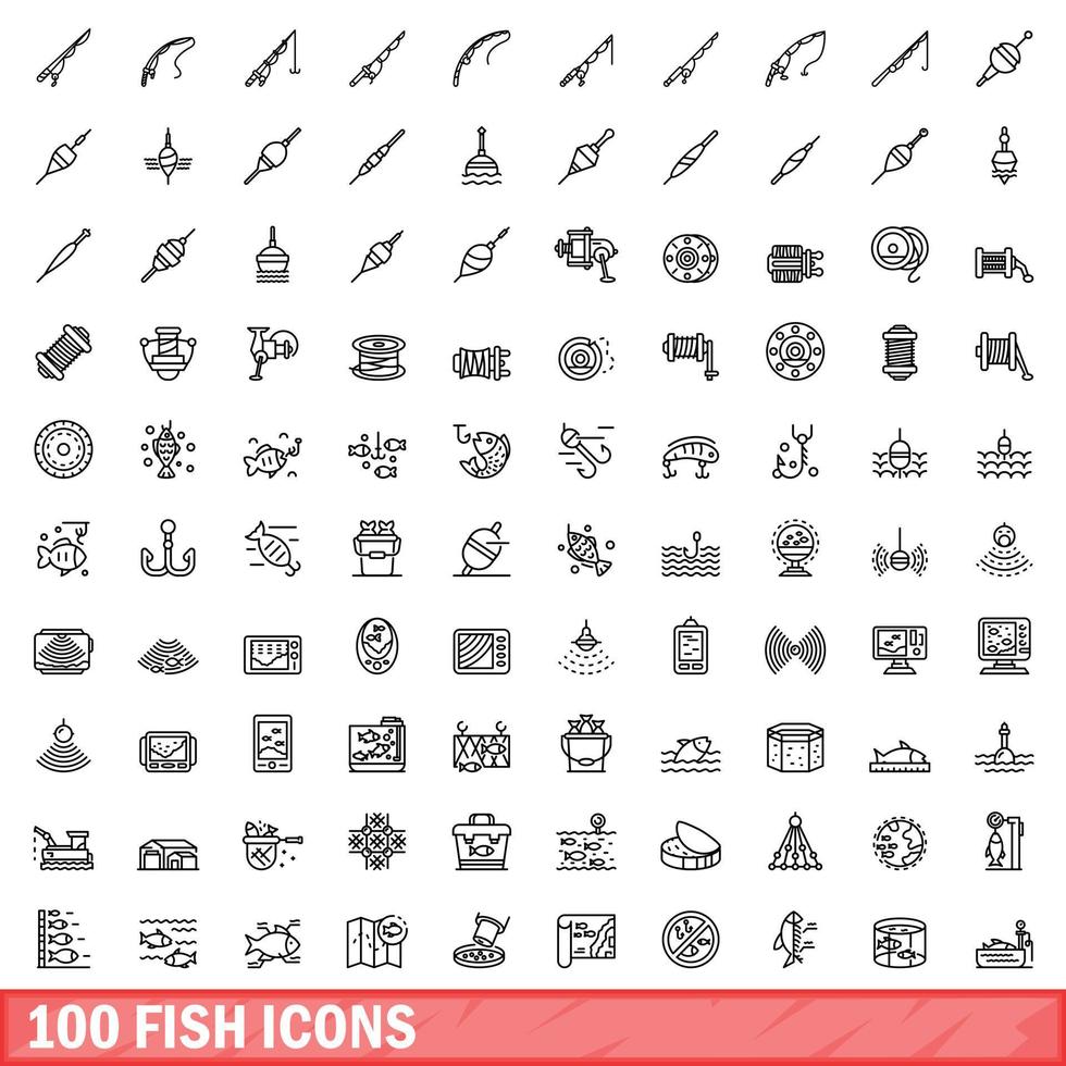 100 fish icons set, outline style vector