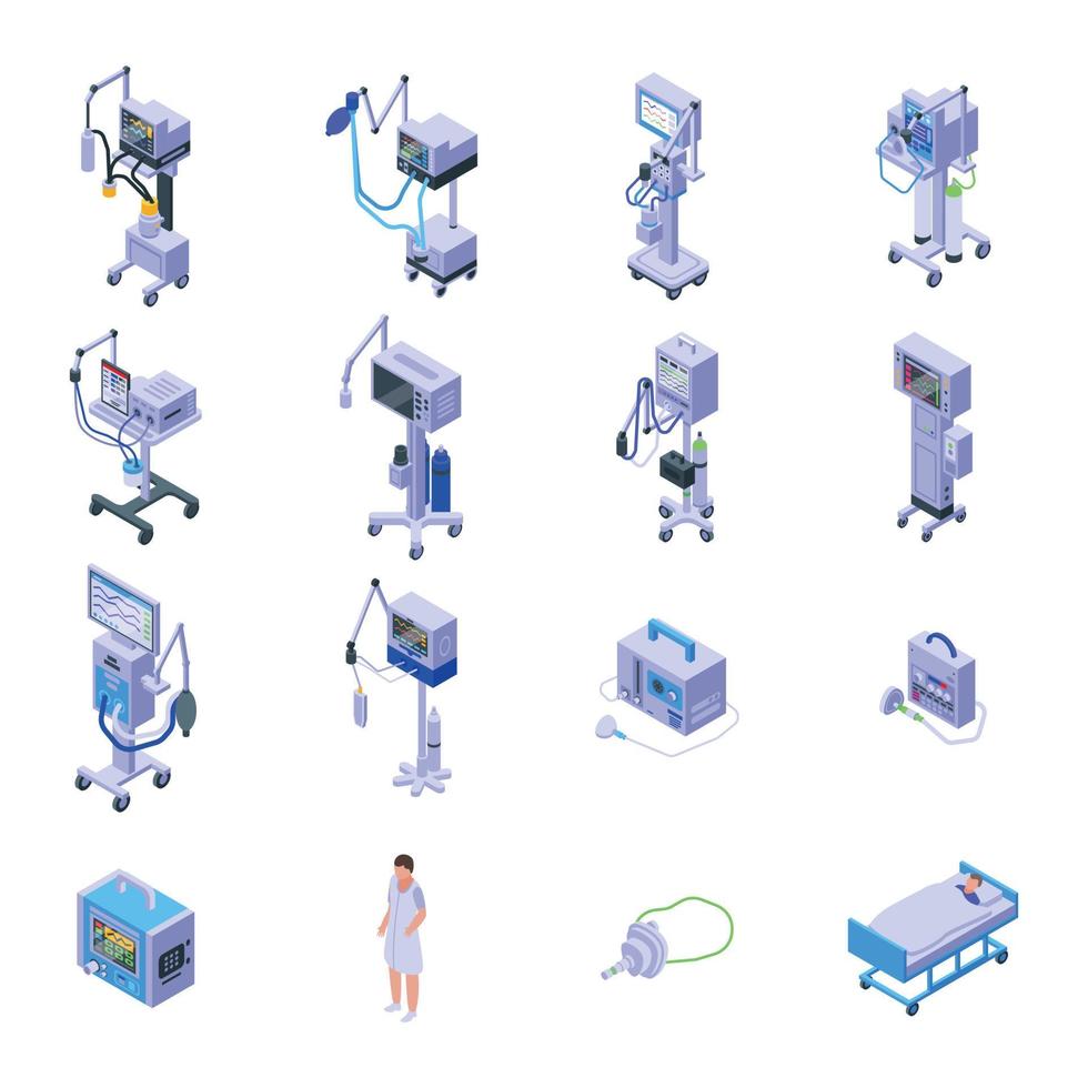 Conjunto de iconos de máquina médica de ventilador, estilo isométrico vector