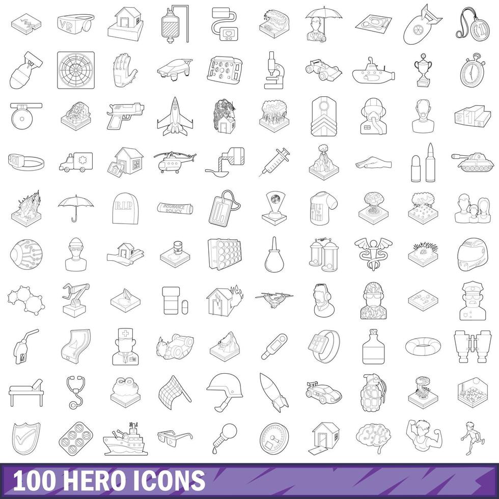 100 iconos de héroe, estilo de esquema vector