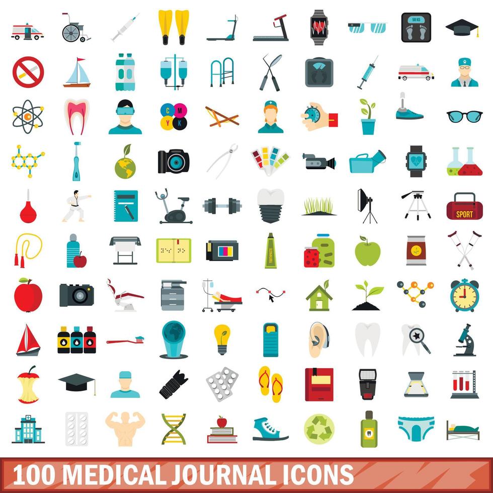 100 iconos de revistas médicas, tipo plano vector