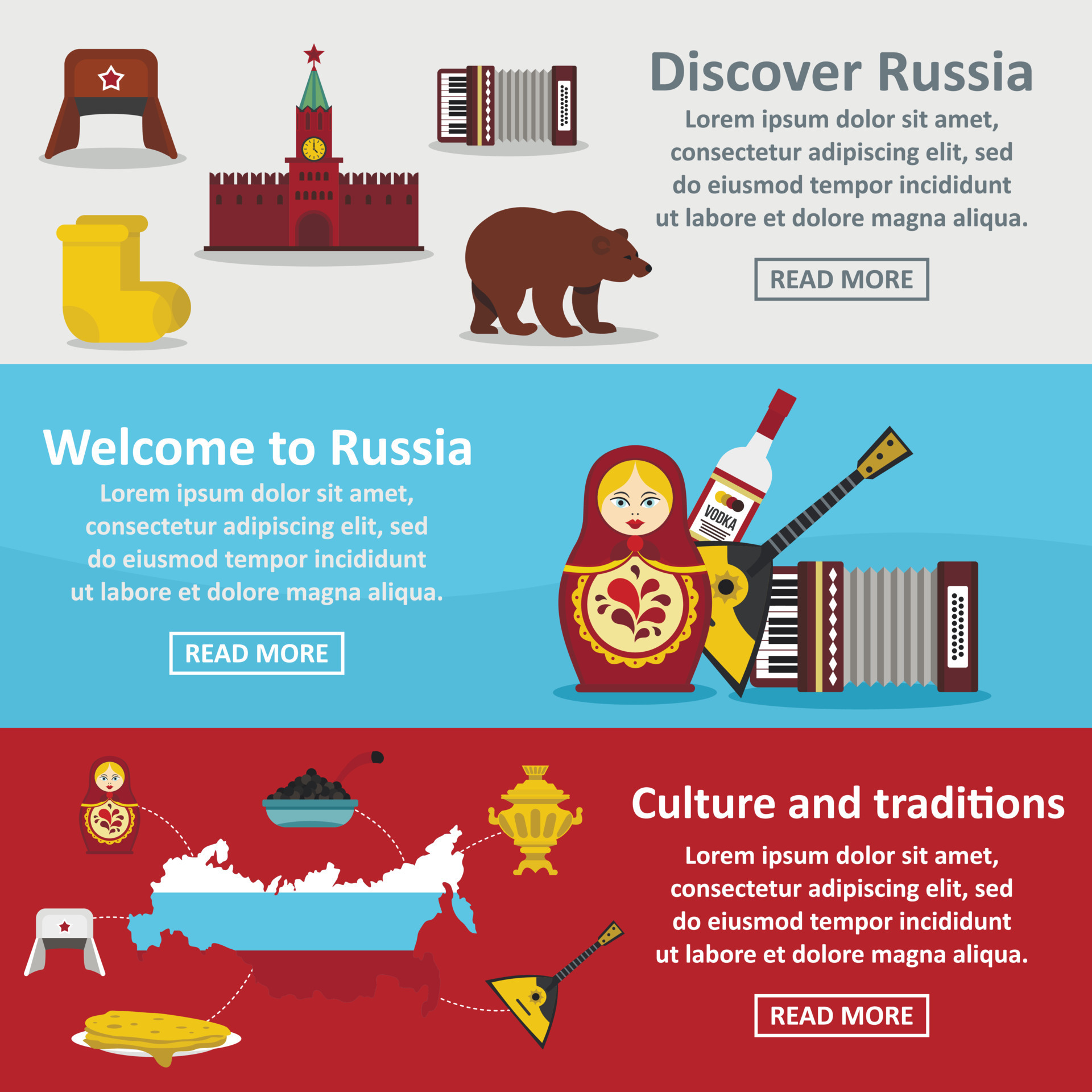 Russia travel banner horizontal set, flat style 8351835 Vector Art at ...