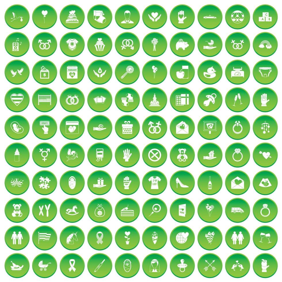 100 love icons set green circle vector