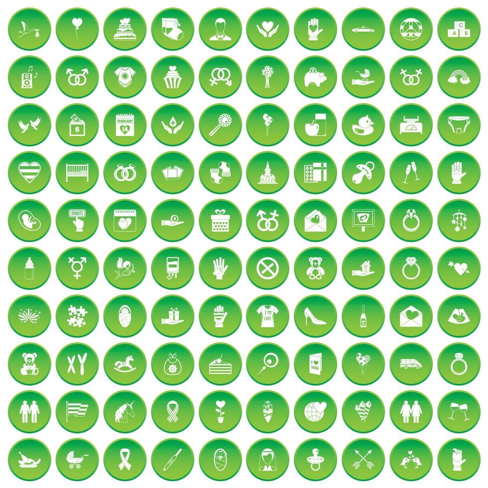 100 iconos de amor establecer círculo verde vector