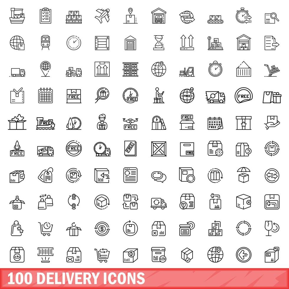 100 delivery icons set, outline style vector