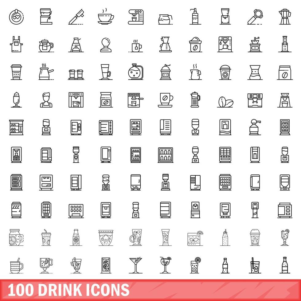 100 drink icons set, outline style vector