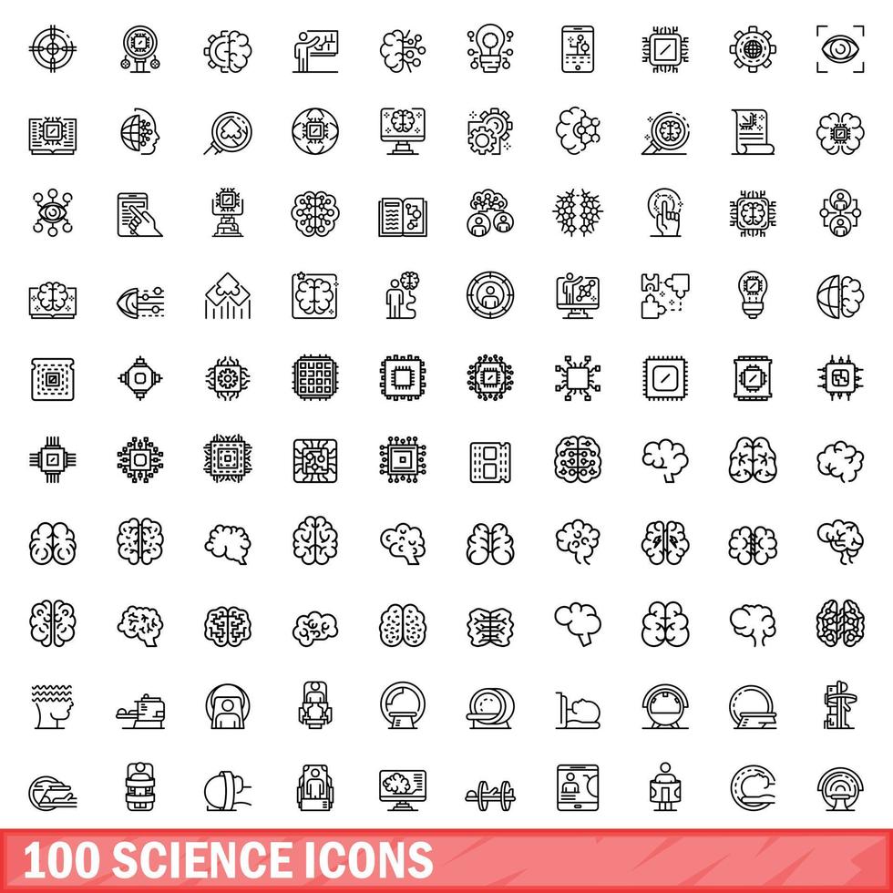 100 science icons set, outline style vector