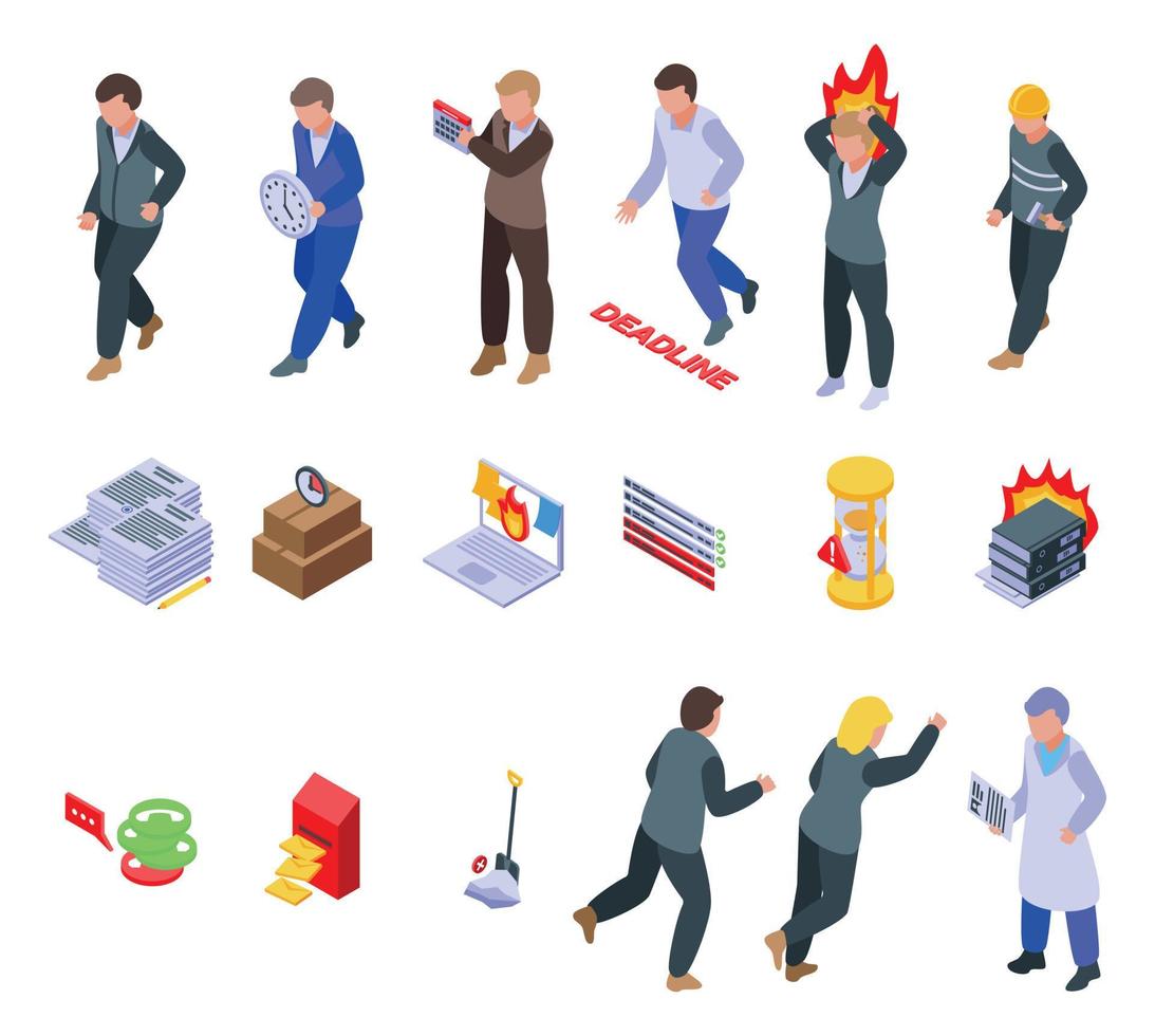 Rush job icons set, isometric style vector