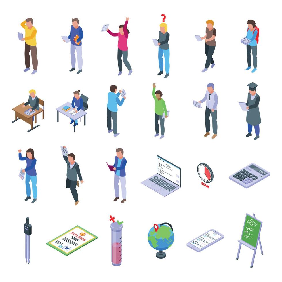 School test icons set, isometric style vector