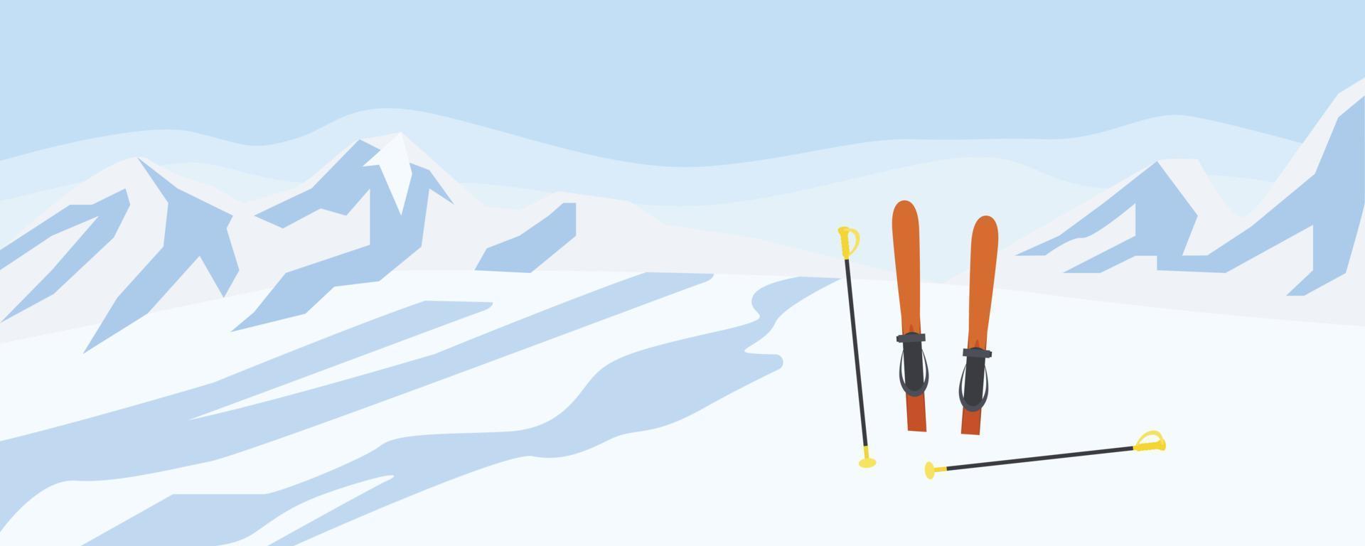 Fondo de concepto de esquí en montañas nieve, estilo plano vector