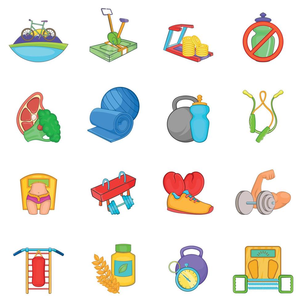 Training icons set, cartoon style vector