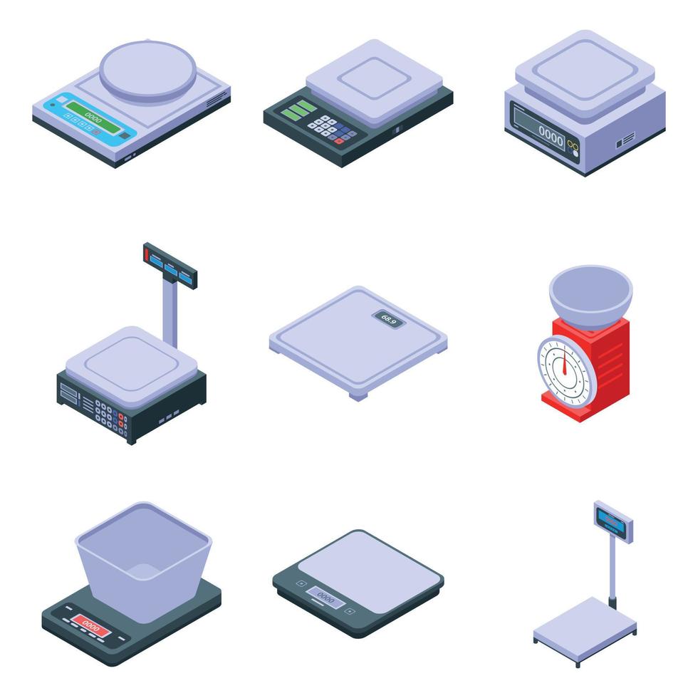 Weigh scales icons set, isometric style vector