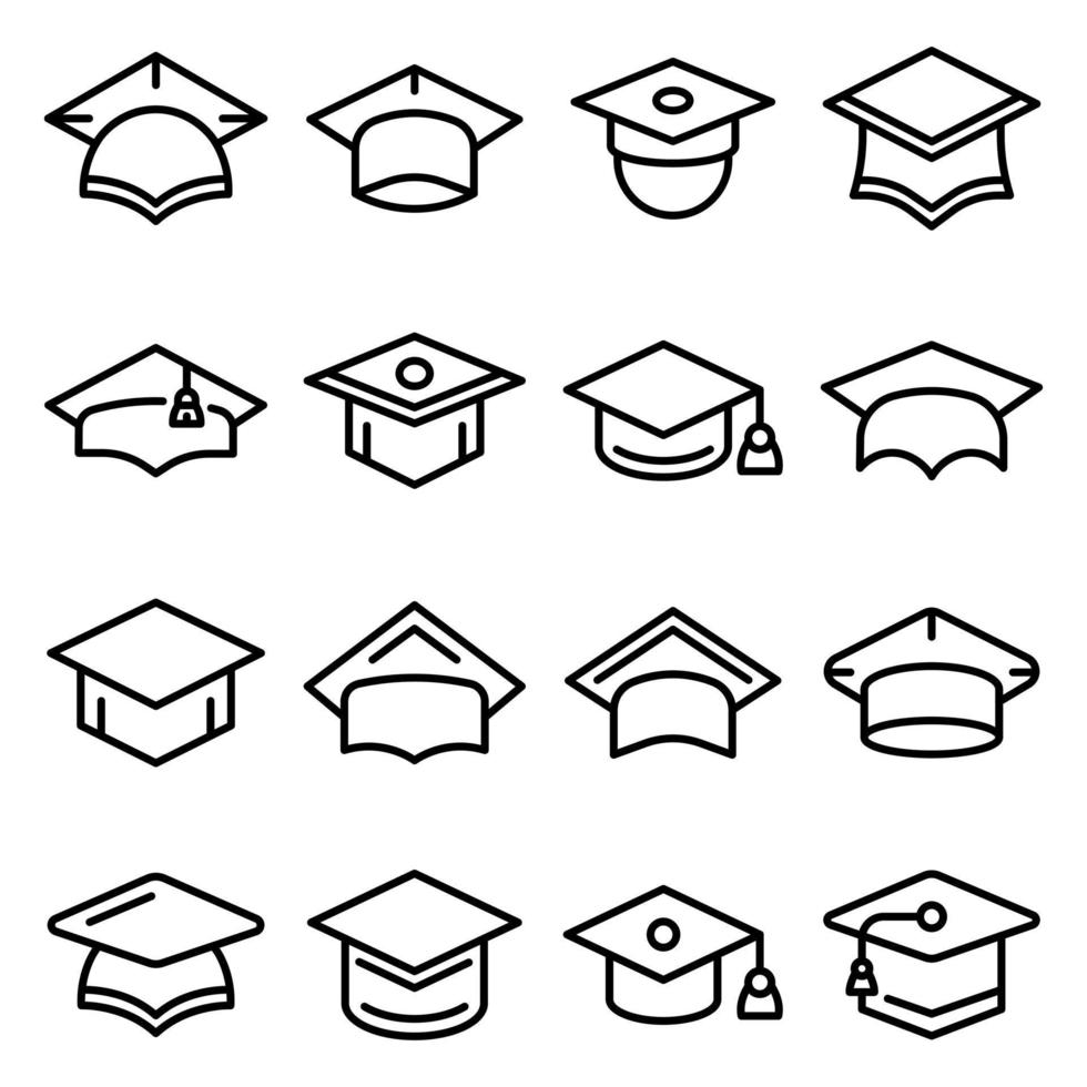 Graduation hat icons set, outline style vector