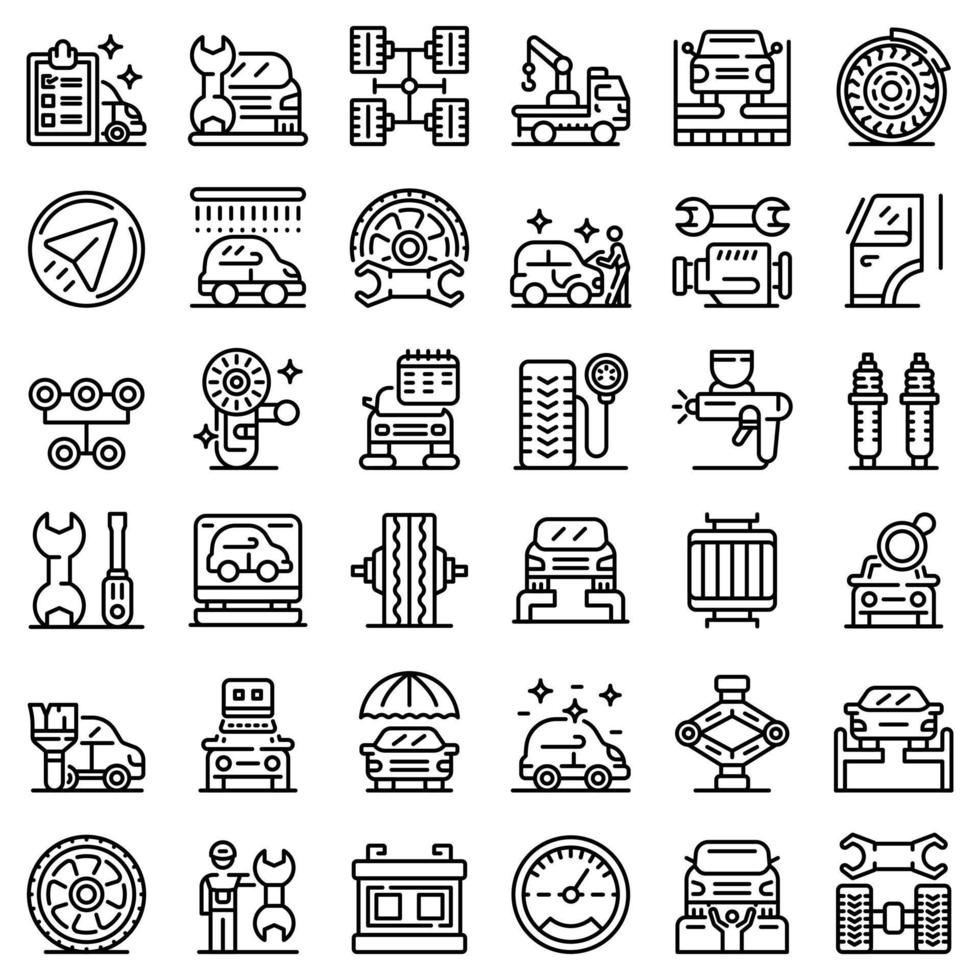 Tire fitting icons set, outline style vector