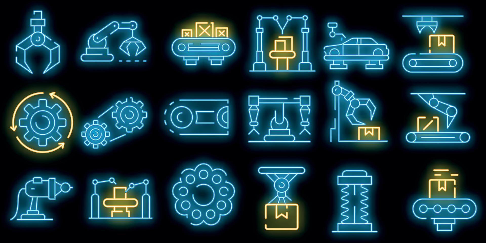 Assembly line icons set vector neon